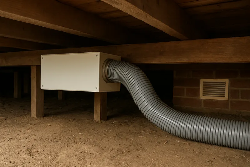A white fan box fixed to a timber bearer under a floor, grey flexible ducting running from it towards a brick wall vent — fan-forced subfloor ventilation, the Central Coast. Illustrative example.