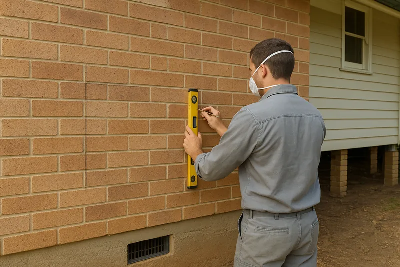 A tradesperson in a dust mask and grey overalls holding a yellow spirit level against a brick wall with a pencil in the other hand, a ground-level vent below — passive subfloor vents, the Central Coast. Illustrative example.
