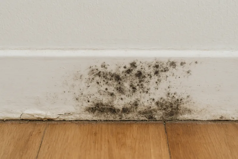 A white painted skirting board with a patch of dark mould spots and a cracked paint edge above a timber floor — rising damp and mould under the house, the Central Coast. Illustrative example.