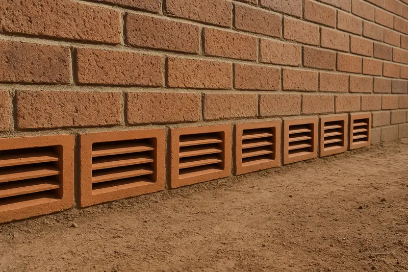 A row of terracotta-coloured brick vents with angled slats along the base of an external brick wall, bare soil in front — subfloor ventilation, the Central Coast. Illustrative example.