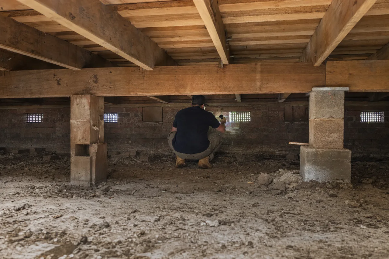 A tradesperson in a dark shirt and cap, seen from behind and crouched on bare soil, shining a torch at a brick wall vent beneath a raised timber floor — subfloor ventilation, the Central Coast. Illustrative example.