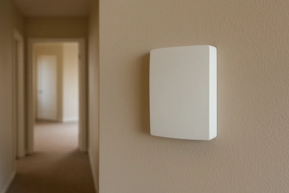 A plain white box with a blank face fixed to a beige hallway wall, a hallway blurred behind it — fan-forced subfloor ventilation, the Central Coast. Illustrative example.