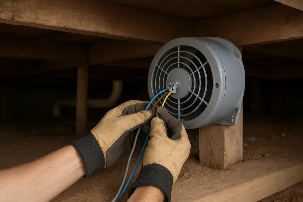 Two gloved hands holding blue, brown, yellow and grey wires at the centre of a grey fan housing fixed under a floor — fan-forced subfloor ventilation, the Central Coast. Illustrative example.