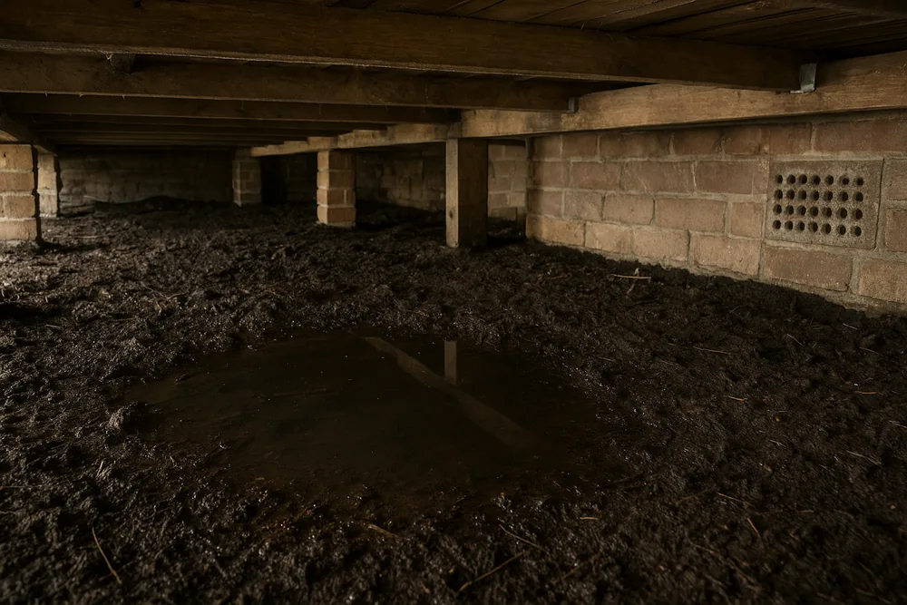 Dark wet soil under a raised timber floor with a still pool of water in a low spot and a brick wall vent at the right — subfloor ventilation for a high water table or flood-prone home, the Central Coast. Illustrative example.
