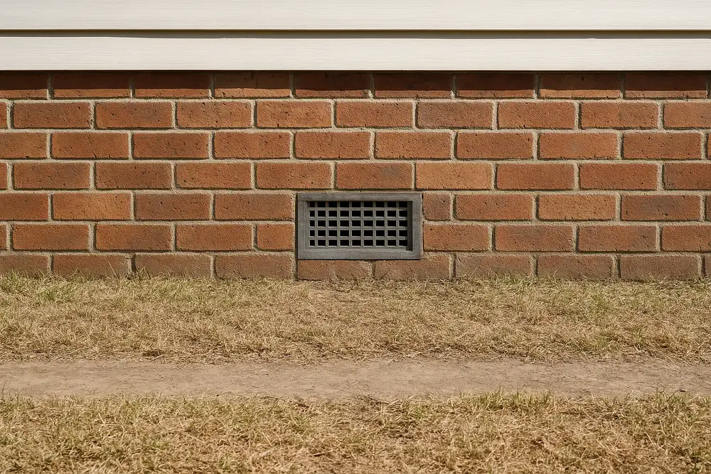 A grey-framed vent set in a brick wall below white cladding, dry grass and a dirt path in front — subfloor ventilation for a high water table or flood-prone home, the Central Coast. Illustrative example.