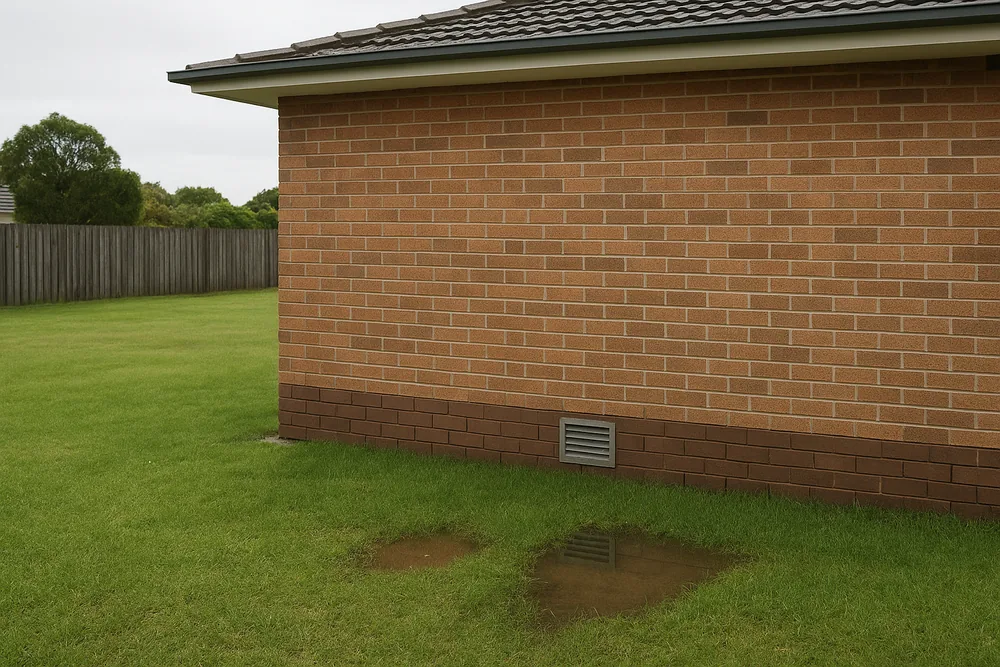 The side of a single-storey brick house on flat ground, with a grey vent in the brick base wall and two small shallow puddles on a wet green lawn in front of it — subfloor ventilation for a high water table or flood-prone home, the Central Coast. Illustrative example.