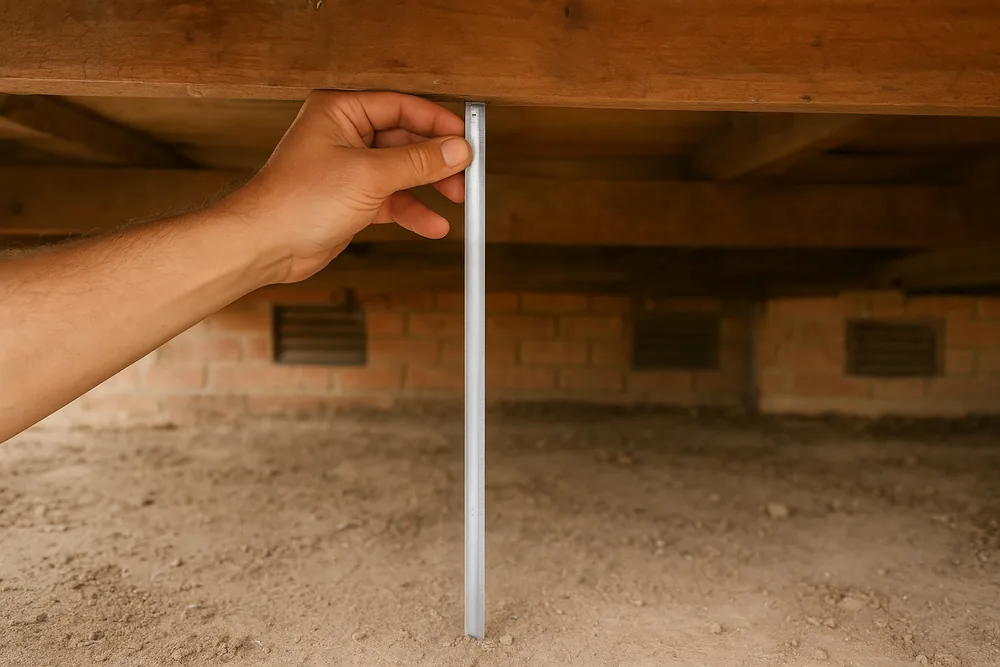 A hand holding a narrow metal rule upright from the bare soil to the underside of a timber bearer, brick wall vents behind — passive subfloor vents, the Central Coast. Illustrative example.
