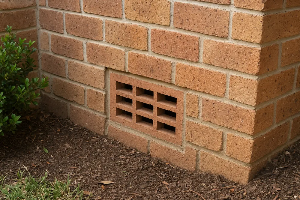 A brick vent with square openings set low in a brick wall beside an external corner, a green shrub at the left and mulch below — passive subfloor vents, the Central Coast. Illustrative example.