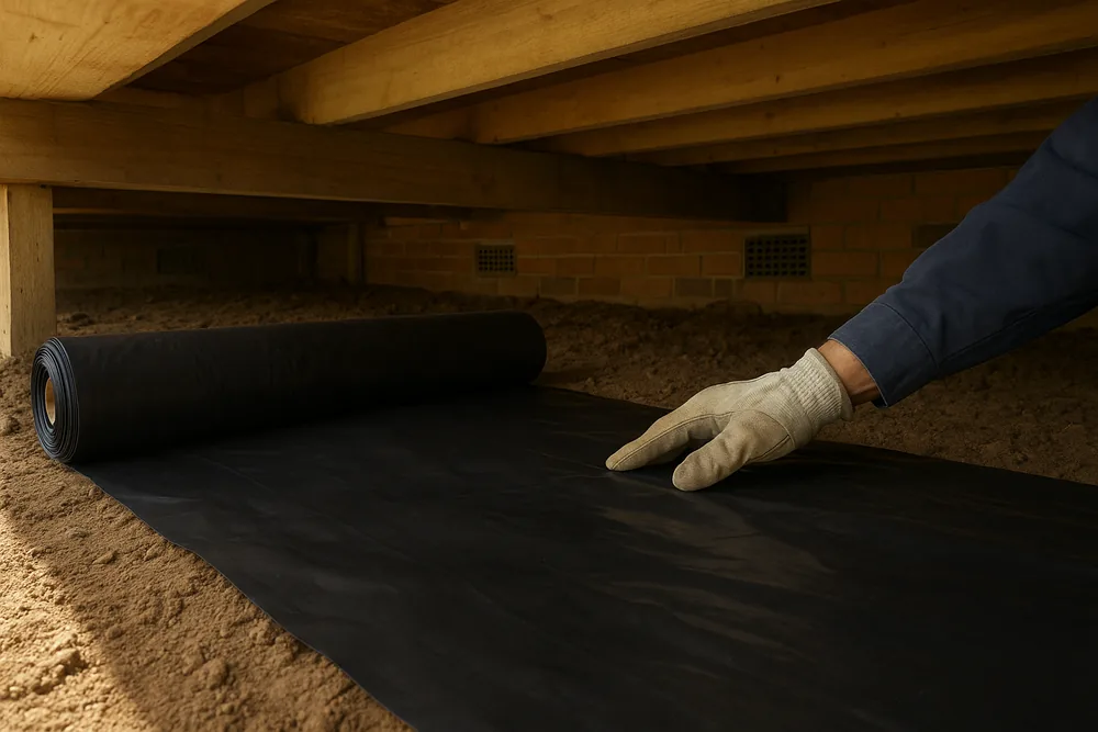 A gloved hand smoothing a black plastic sheet unrolled across bare soil beneath timber bearers, brick wall vents behind — rising damp and mould under the house, the Central Coast. Illustrative example.