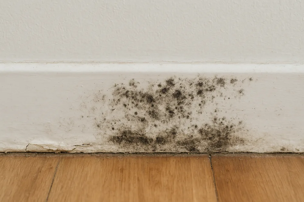 A white painted skirting board with a patch of dark mould spots and a cracked paint edge above a timber floor — rising damp and mould under the house, the Central Coast. Illustrative example.