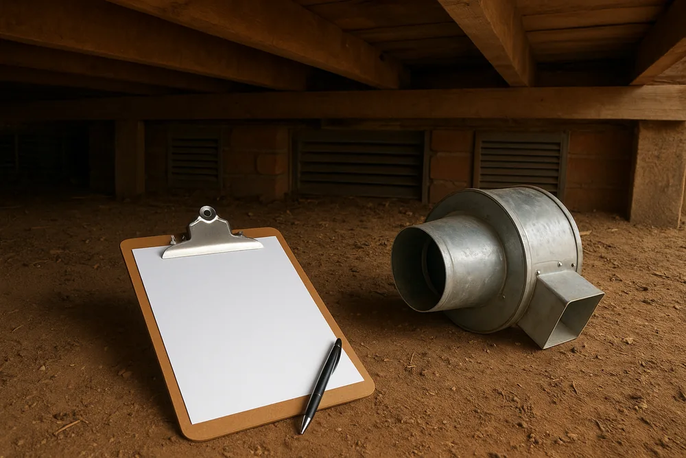 A brown clipboard holding a blank white sheet with a pen, resting on bare soil beside a metal fan housing under a floor — subfloor ventilation, the Central Coast. Illustrative example.