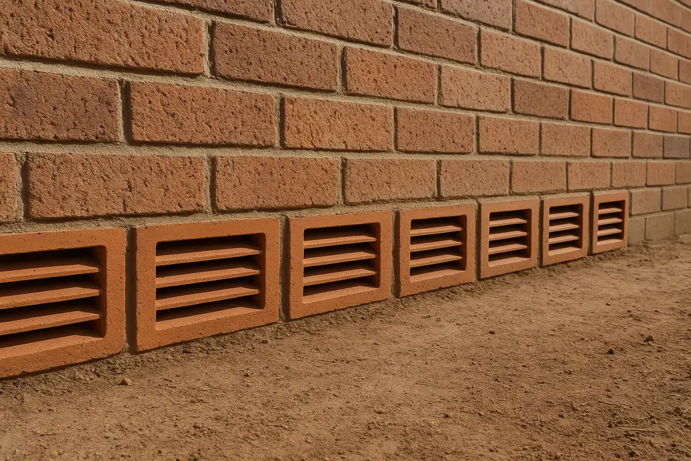 A row of terracotta-coloured brick vents with angled slats along the base of an external brick wall, bare soil in front — subfloor ventilation, the Central Coast. Illustrative example.